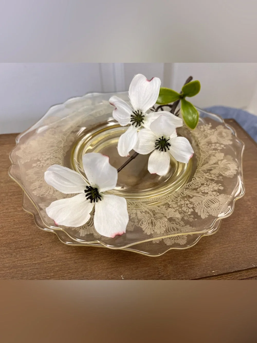 Vintage Yellow Glass Plate with Floral Etching